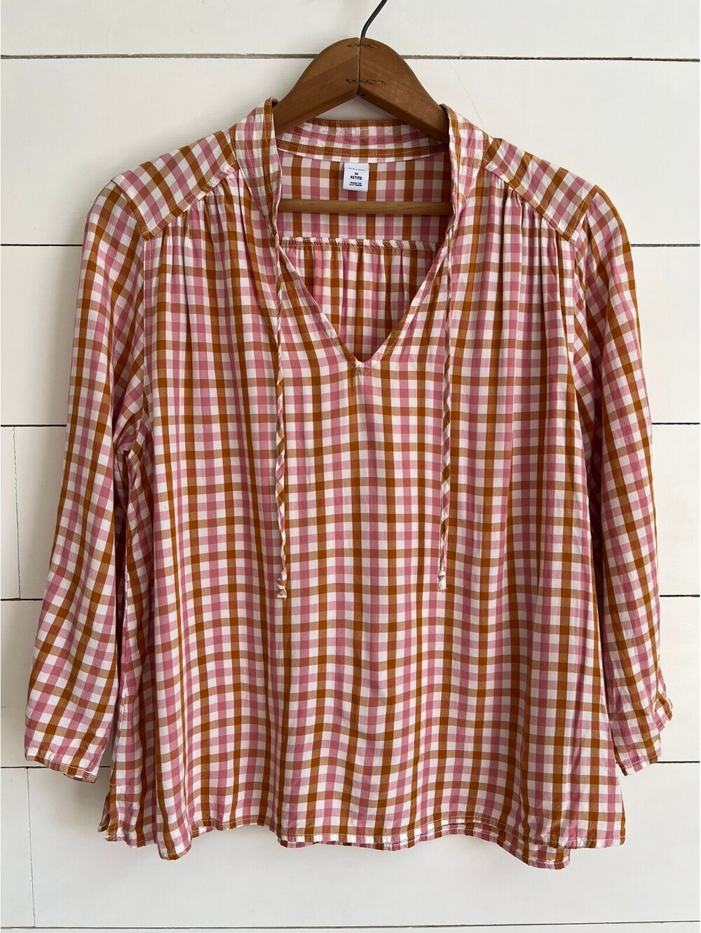 Old Navy Gingham Peasant Blouse Women's Size M Petite Boho Fall Cottagecore